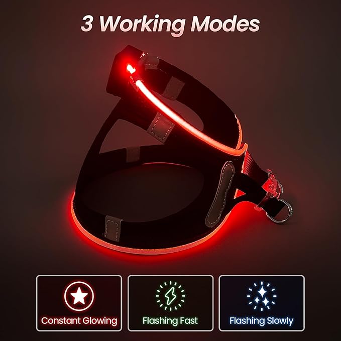 PceoTllar Light Up Dog Harness, LED No Pull Reflective Dog Harness, Flashing Lighted for Night Walking - Small/Medium, (Black Red,xs)