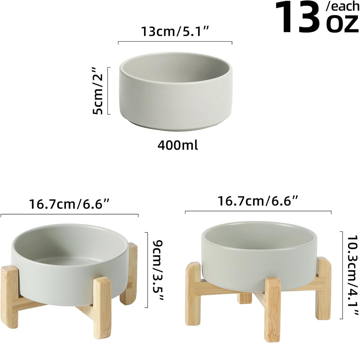 Ceramic Raised Dog and Cat Bowl Set, 2 Heights Elevated Stand, Food and Water Bowl for Small Breed Dogs, Cats, Kitty, Weighted Dog Dishes, Pet Bowls(5.1'',13.5oz, Grey)