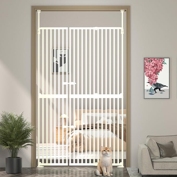 71" Extra Tall Cat Pet Gate, 33.5-47.2 in Wide High Dog Gates for Doorways No Climbing, Kitten Proof Full Door Barrier, Auto Close Large Walk Thru Puppy Gate Pressure Mounted, Indoor White