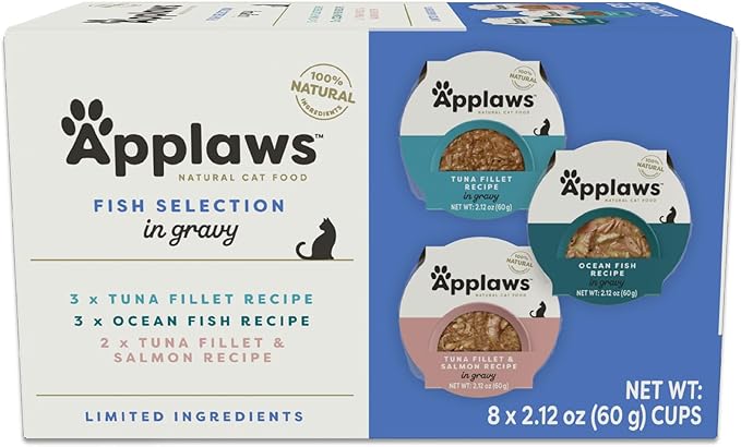 Applaws Natural Wet Cat Food in Gravy, Limited and Natural Ingredients, High Protein with No Artificial Additives, Fish Selection in Gravy (8X 2.12 oz Easy-Open Cups)