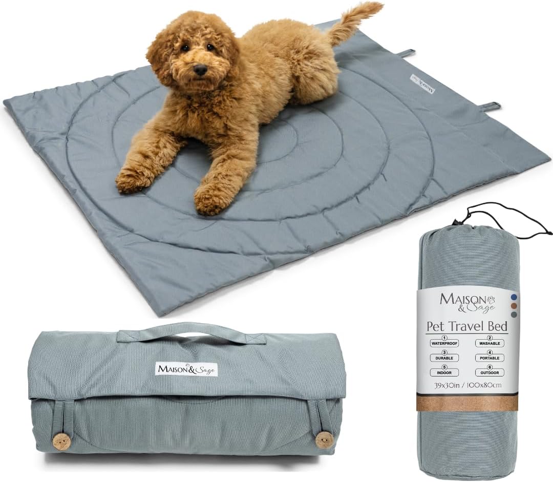 Portable Dog Mat - Waterproof & Foldable Pet Bed - Ideal for Indoor, Outdoor, Cafes, Travel, Camping, Grooming & Training - 39"x30" - Includes Carry Bag - Durable, Washable & Lightweight - Grey