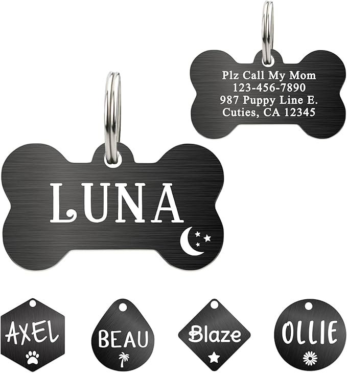Ultra Joys Dog Tags Personalized for Pets with up to 5 Deep Engraved Lines, Brushed Stainless Steel Custom Dog Name Tag and Cat Tags, Engraved on Both Sides in Bone, Heart, Hexagon and More Shapes