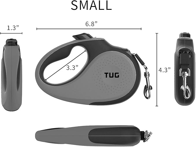 TUG 360° Tangle-Free Retractable Dog Leash with Anti-Slip Handle | 16 ft Strong Nylon Tape | One-Handed Brake, Pause, Lock (Small, Grey)