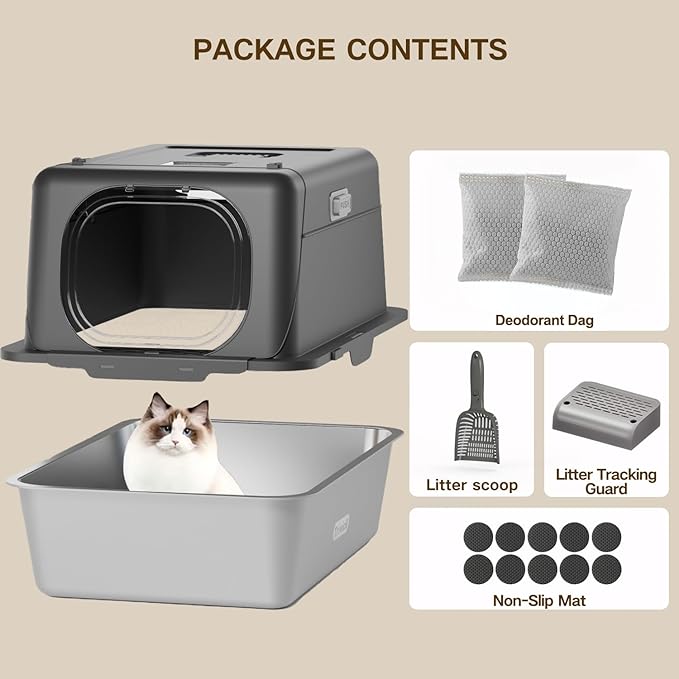 Stainless Steel Cat Litter Box with Lid, XX-Large Extra Large Litter Box for Big Cats, Enclosed Removable Metal Cat Box with High Sided Enclosure,Magnetic Door,40L Box, Litter Trap Step/Mat