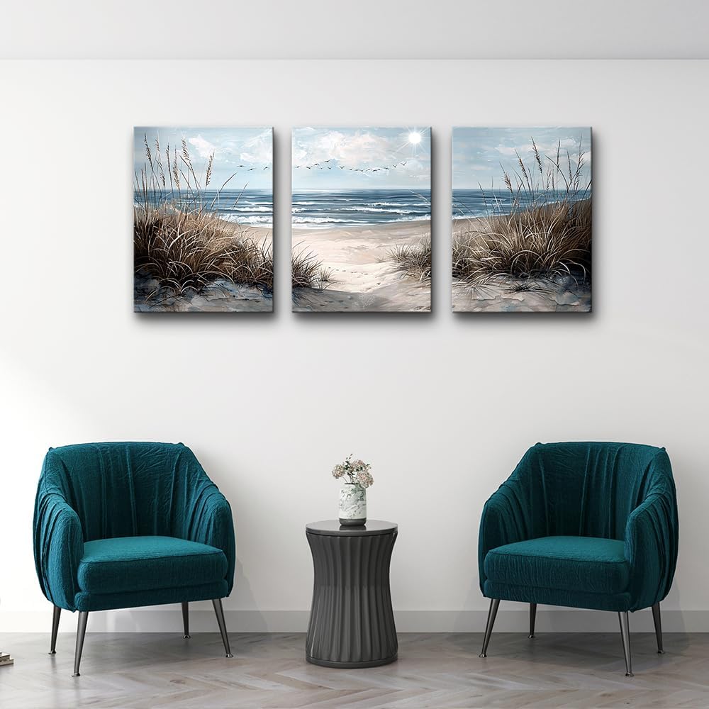 TTHYUEWS Canvas Wall Art For Living Room Wall Decor For Bedroom Modern Office Canvas Art Office Decor Blue Sea Beach Wall Paintings Prints Pictures Artwork Ready To Hang Home Decor 16" X 24"3 Piece