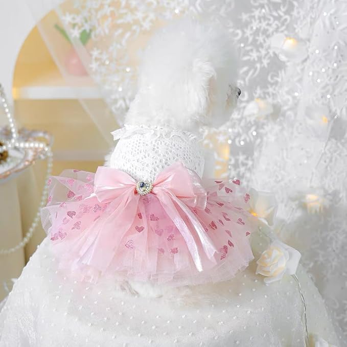 Pink Dog Dress for Small Dog Girl Spring Puppy Clothes with Bow Puff Sleeves Cat Outfit Doggy Princess with Leash Ring Doggies Harness Dress Summer Pet Apparel (Pink White, X-Small)