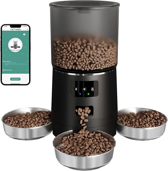3-Cat Automatic Pet Feeder, 6L WiFi Cat Food Dispenser with APP Control, 1-10 Meal Programmable, Voice Recorder, Smart Alerts, Stainless Steel Bowls for Cats and Small Dogs (Black)