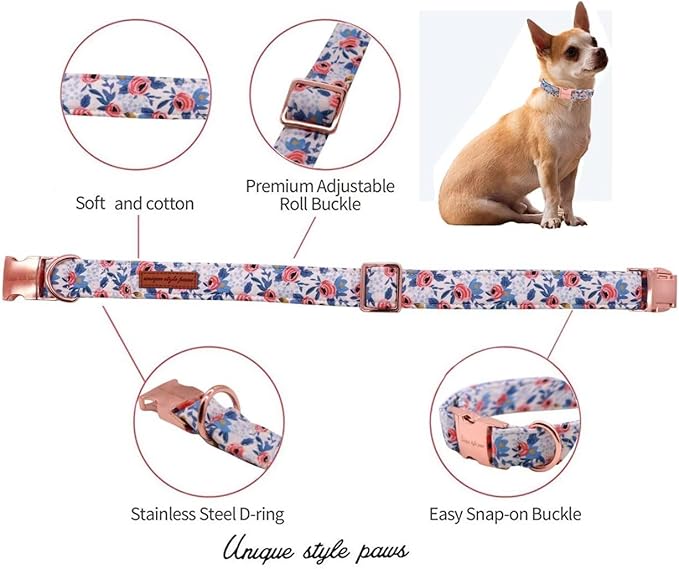 Unique Style Paws Metal Buckle Rose Collar - Durable & Cute for Small to Large Dogs