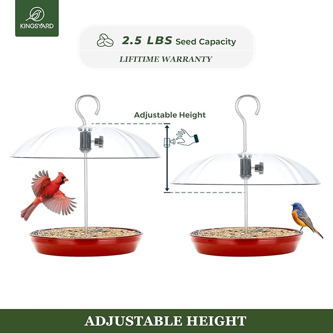 Kingsyard Adjustable Platform Bird Feeder for Outdoors Hanging, Metal Tray Bird Feeder with Dome Top, Attract Bluebirds Cardinals Goldfinches (Red)