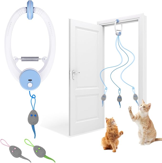 Cat Toy Interactive for Indoor Cats, Smart USB Rechargeable Door Hanging Automatic Retractable Kitten Toys, Teaser Electronic Self Play Feather Cat String Toy Attached with 3 Catnip Mice White