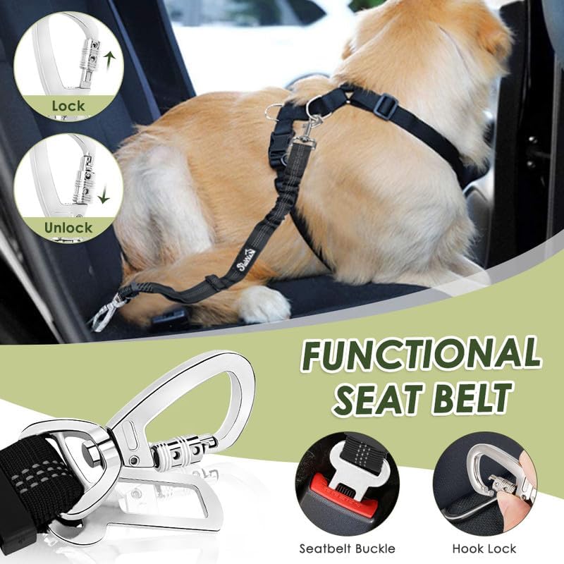 SlowTon Dog Seat Belt Harness for Car, Dog Car Harness Adjustable Mesh Breathable & Dog Seatbelt Safety Tether with Elastic Bungee for Small Medium Large Pets(Green, Double Clip, S)