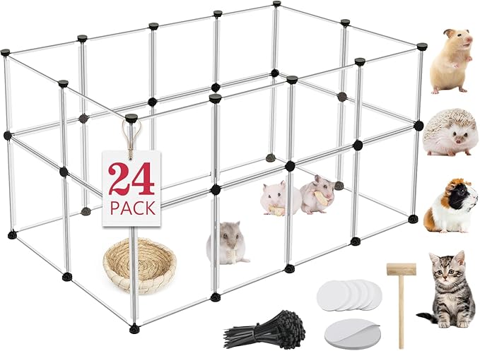 24 Panels Portable Small Animals Playpen,48"x 24"x 28" Transparent Pet Playpen,Portable Plastic Enclosure,Puppy Play Pen for Indoors Outdoor Pet Fence for Guinea Pigs,Bunny,Ferrets,Hamsters,Hedgehogs