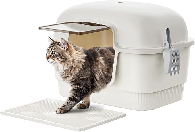 Cat Litter Box with Litter Mat and Scoop,High Wall Enclosed Cat Litter Boxes for Anti-Leakage, Covered Kitty Litter Box with Handle and Buckles for Portability and Privacy, Odor Control (White)