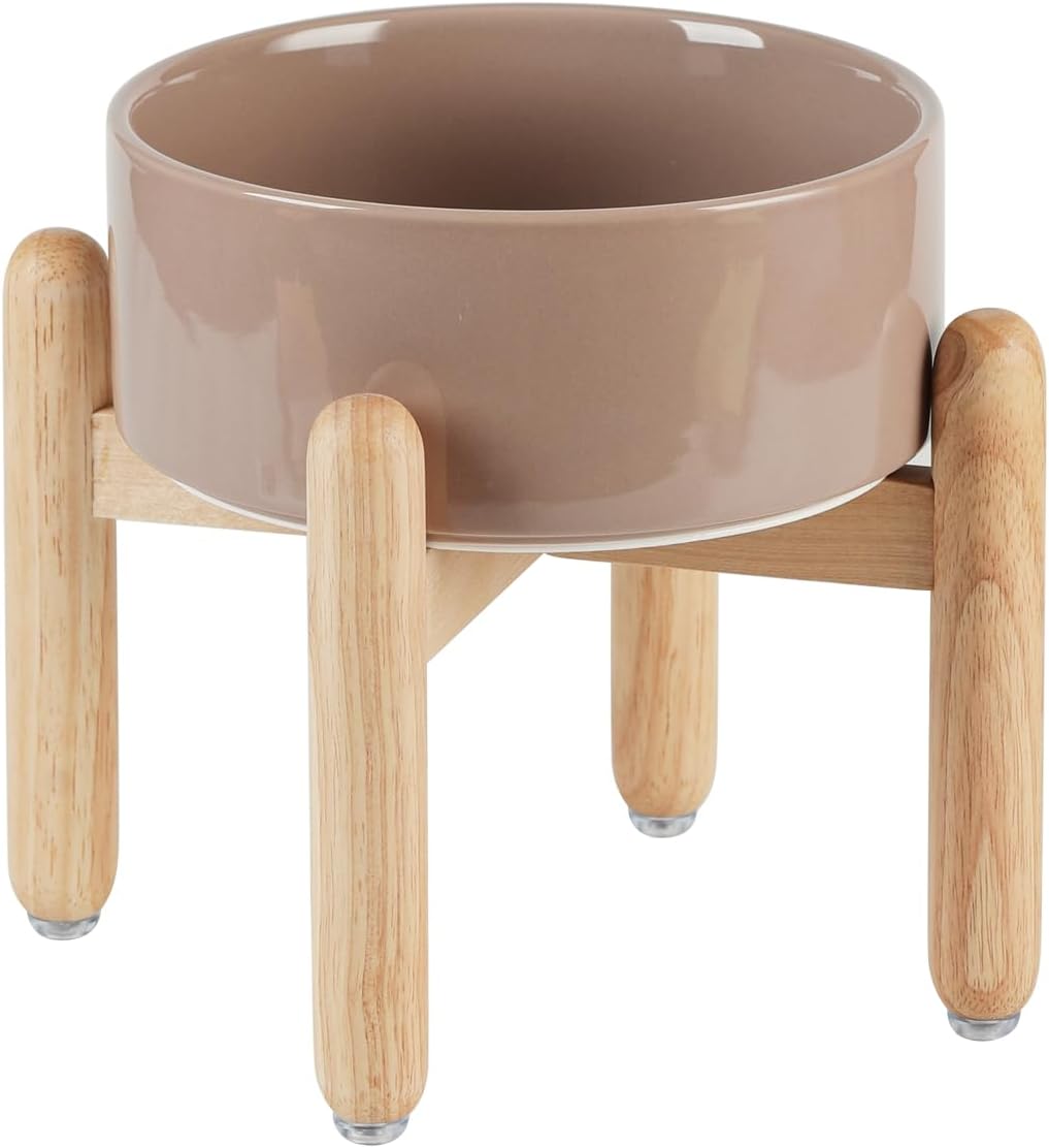 Ceramic 7.3inch Raised Dog Bowl Set, Elevated with Wooden Stand, Food and Water Bowl for Medium Breed Dogs, Weighted Dog Dishes, Pet Feeder(Brown Coffee)