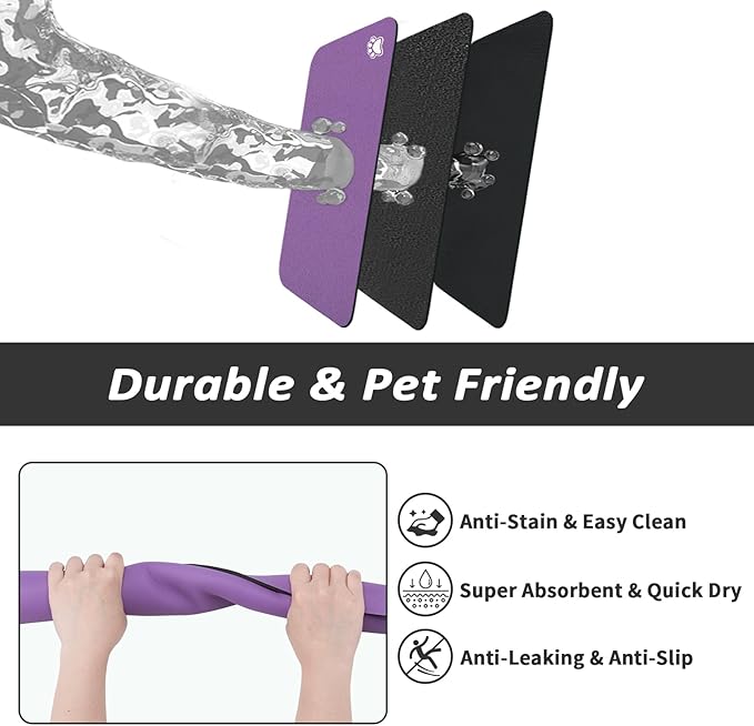 Dog Food Mat - Absorbent Cat Mat for Food and Water, No Stains Pet Feeding Bowl Mat, Easy to Clean Pet Placemats, Quick Dry Dog Water Dispenser Mat for Messy Drinkers | Paw Purple 12"x 19"