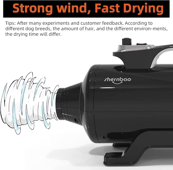 shernbao Dog Dryer High Velocity Professional Dog Pet Grooming Hair Drying Force Dryer Blower 6.0HP (DHD-2400T) (6.0HP, Jet Black)