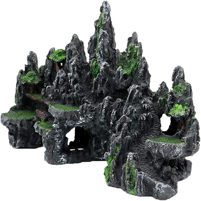 PakyKai Large Fish Tank Decorations, Mountain View Aquarium Ornament with Tree House Cave Bridge Artificial Plastic Plants Aquarium Decorations