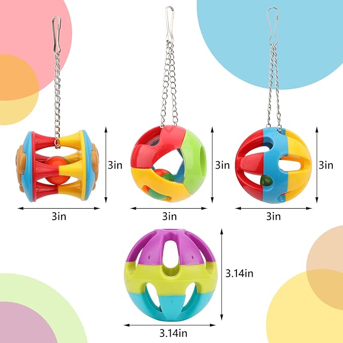 Hypeety Pet Parrot Toy Plastic Colorful Birds Ball with 1 Bell for Budgie African Grey Cockatoo Cockatiel Sun Conures 4 Balls