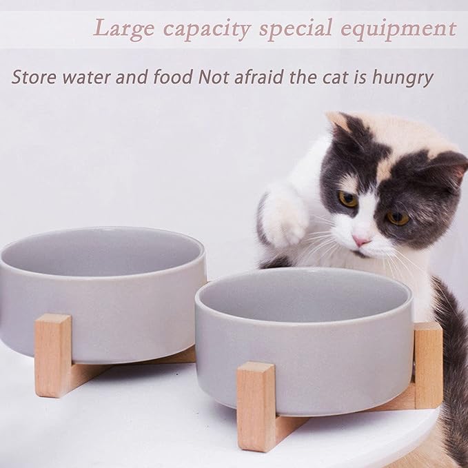 Petygooing Dog Bowls,Grey Ceramic Cat Dog Bowl Set with Wood Stand for Food and Water,Non-Slip Cute Modern Pet Dish Set for Cats and Medium Dogs (28OZ/6.1 in)