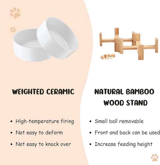 SPUNKYJUNKY 15° Slanted Ceramic Dog and Cat Bowl with Wooden Stand, Tilted Bulldog Food and Water Bowl No Slip Non-Spill for Cats Medium Dogs Big Face Pets 13.5 OZ (1.7 Cups, White × 2)