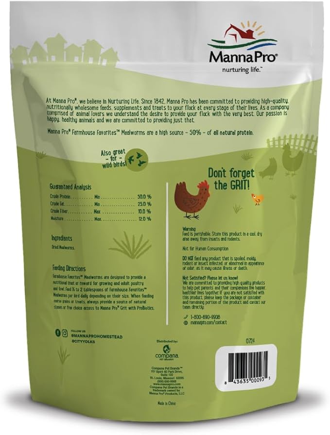 Manna Pro Mealworms Poultry Treat - High Protein, 100% Natural, 10oz