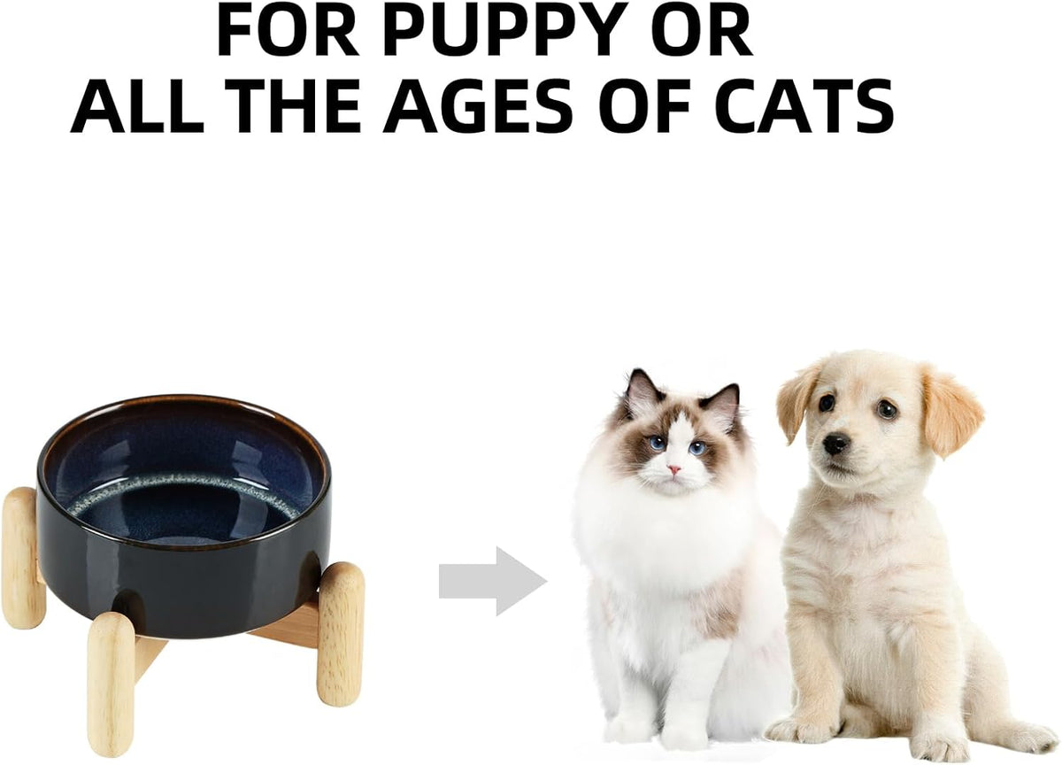 Ceramic 5.1inch Raised Dog and Cat Bowl Set, Elevated with Wooden Stand, Food and Water Bowl for Small Breed Dogs, Cats, Kitty, Weighted Dog Dishes, Pet Bowls(13.5oz, Starry Sky)