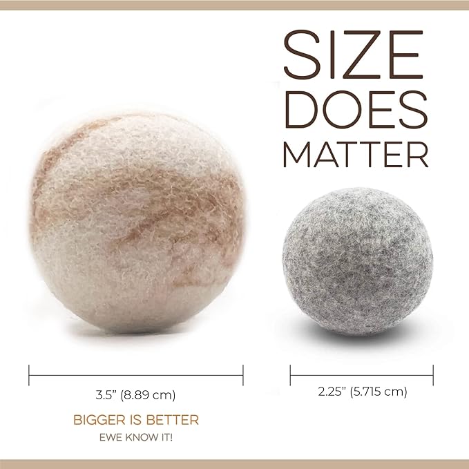 Fluff Ewes Wool Dryer Balls 6 Pack Premium New Zealand Wool Laundry Balls for Dryer, No Static Dryer Balls Laundry Reusable Cute, XL Wool Dryer Balls Cute, Baby Dryer Balls for Dryers - Marble