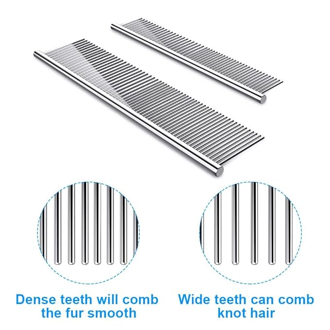 2 Pack Dog Combs with Rounded Ends Stainless Steel Teeth, Cat Comb for Removing Tangles and Knots, Professional Grooming Tool for Long and Short Haired Dog, Cat and other pets, 6.3IN/7.4IN