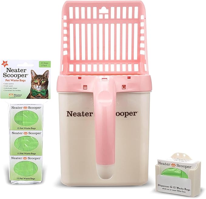 Neater Pet Brands Neater Scooper Standard Cat Litter Scoop, 60 Refill Bags – Mess-Free Cat Litter Scooper with Bag, Spill-Proof Kitty Box Sifter, Bin Doubles as Scoop Holder, For Single-Cat Households