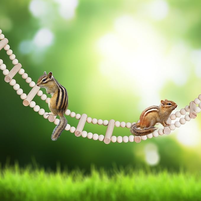 Long Bird Ladder with Wooden Rungs and Beads, Parakeet Climbing Swing Toys, Bird Cage Accessories, Wooden Climbing Bridge Toys for Parrots, Rat, Sugar Gliders, Squirrels, Snakes