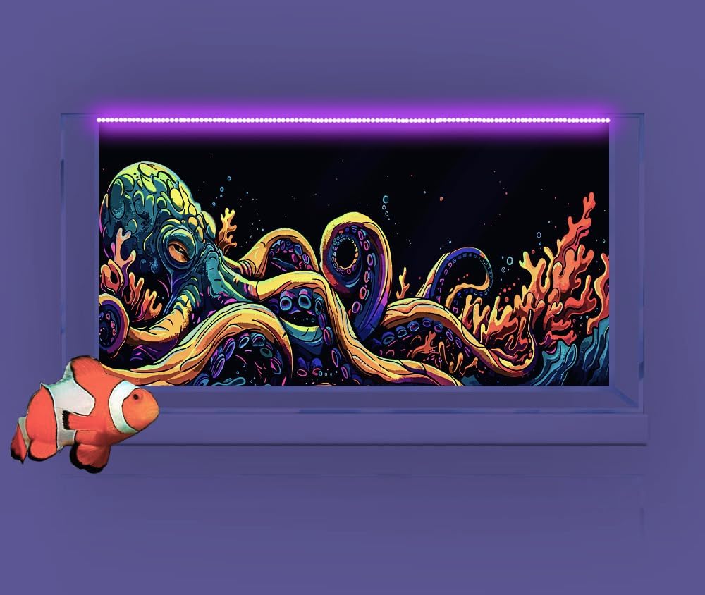 30X12IN Blacklight Octopus Sea Monster HD 3D Black Light Aquarium Background UV Reactive Background Terrarium Background with 10 EVA Double-Sided Tape