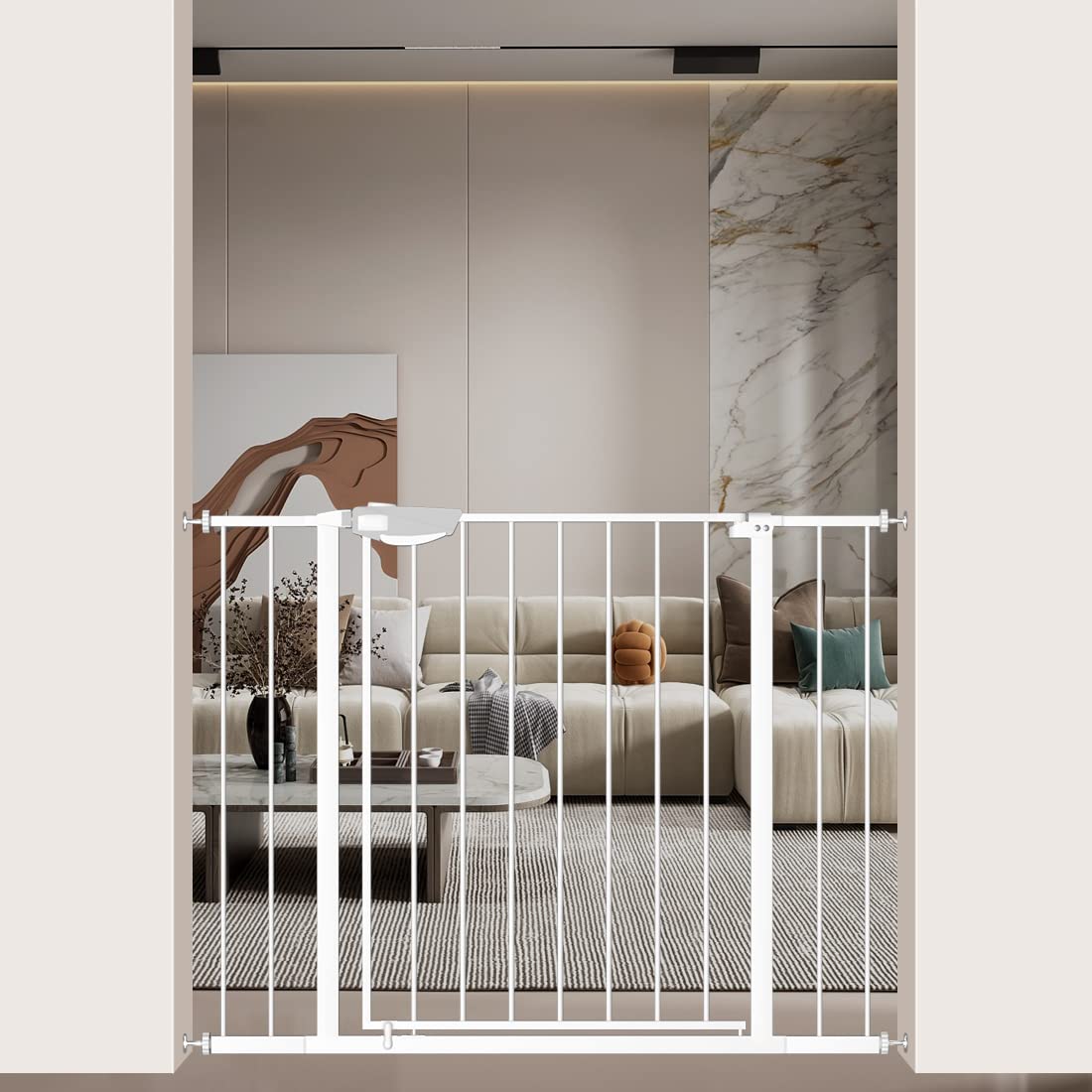 WAOWAO Triple Lock Baby Gate Extra Wide 39.76-43.7" Pressure Mounted Walk Through Swing Auto Close Safety White Metal Child Kids Dog Pet Puppy for Stairs,Doorways