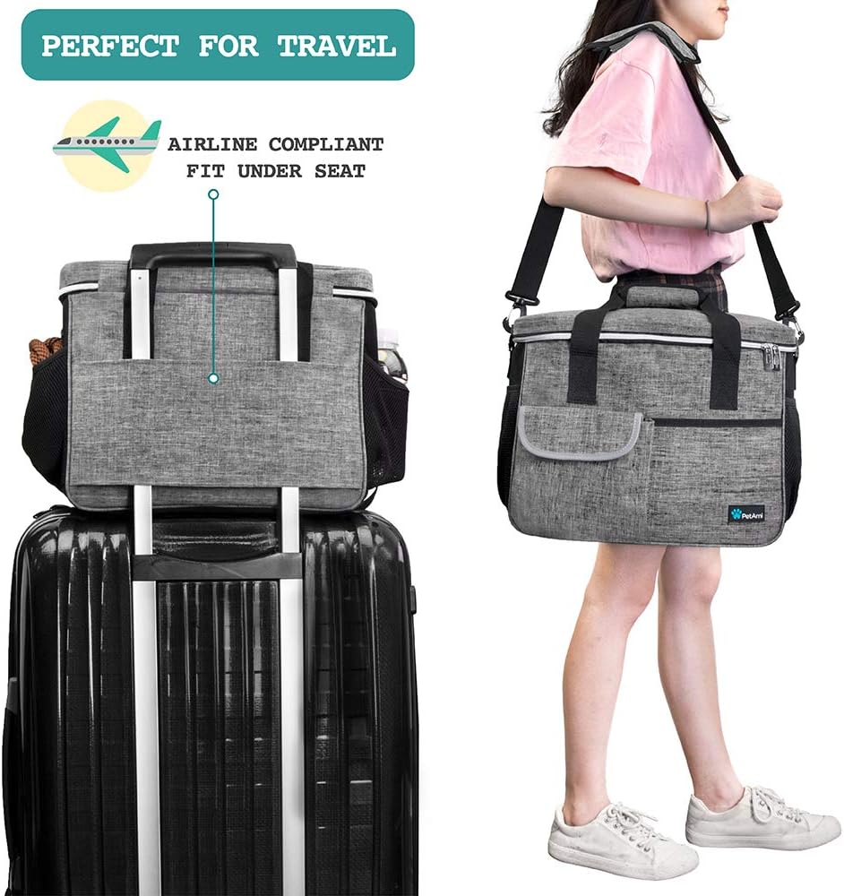 PetAmi Dog Travel Bag - Organizer with Food Container, Bowls & Accessories for Weekend Camping, Cat Diaper Bag (Grey, Medium)