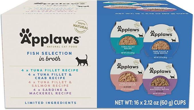 Applaws Natural Wet Cat Food in Broth, Limited and Natural Ingredients, High Protein with No Artificial Additives, Variety Fish Selection in Broth (16 x 2.12 oz Easy-Open Cups)