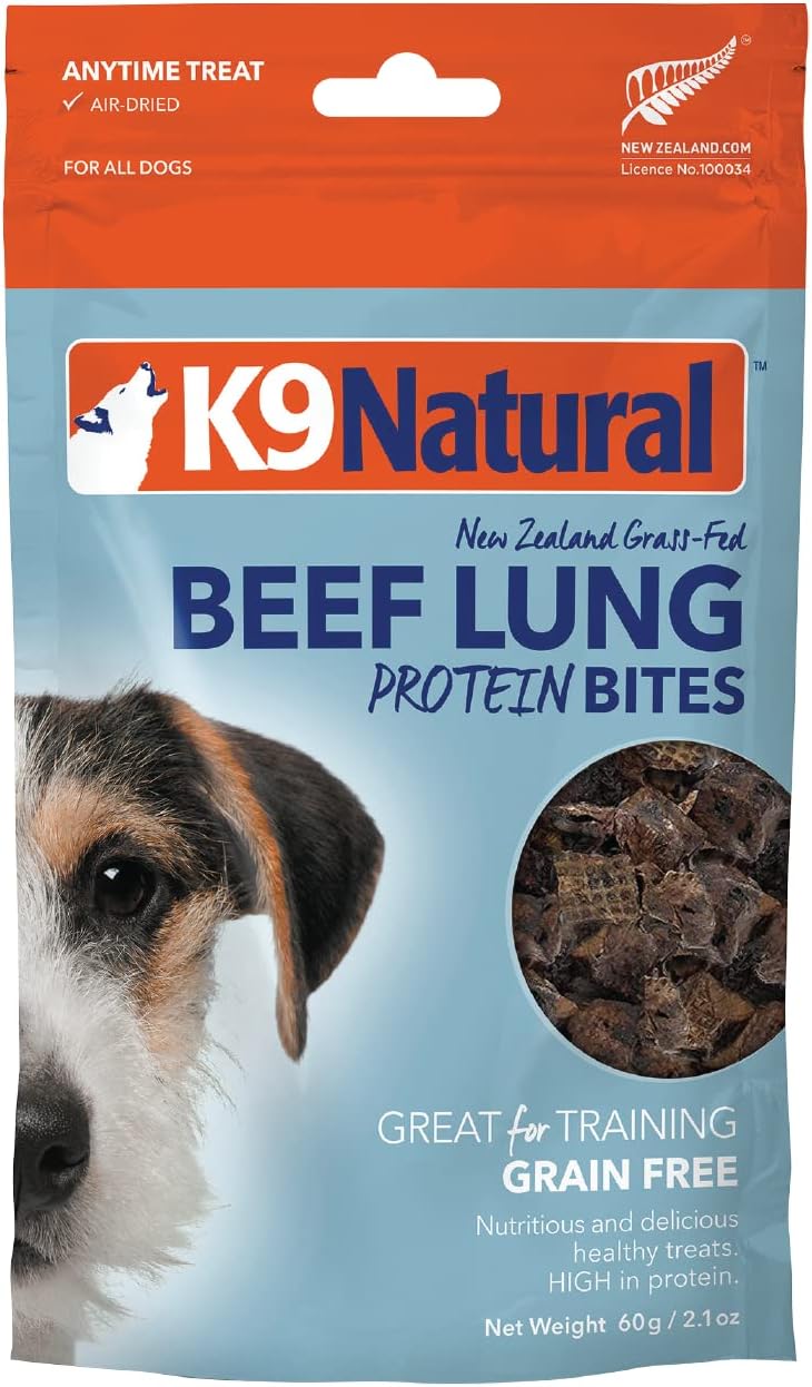 K9 Natural, Freeze-Dried Single Ingredient Dog Treats, High-Value, Low-Calorie Protein Bites for Active Dogs, Healthy Dog Training Treats, Grain-Free Reward, Beef Lung, 2.1oz (Pack of 2)