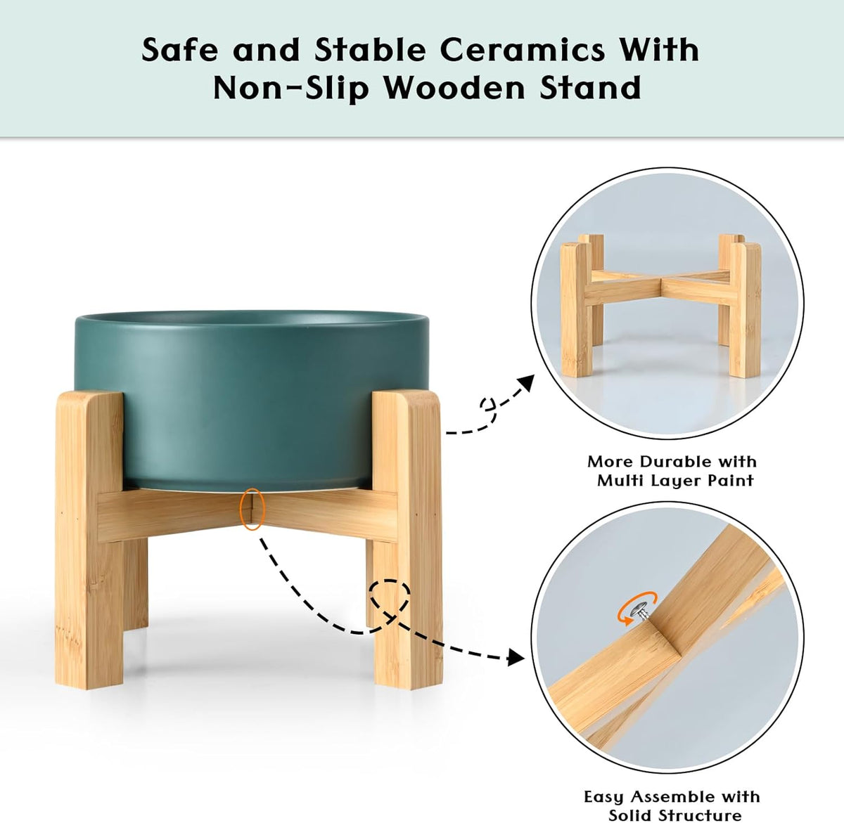 SPUNKYJUNKY Ceramic Elevated Dog Bowls 2 Pack - 6.1inch Raised Dog Bowls with Non-Slip Wooden Stand for Medium Dogs Dishwasher Safe(Green,28.7OZ*2)