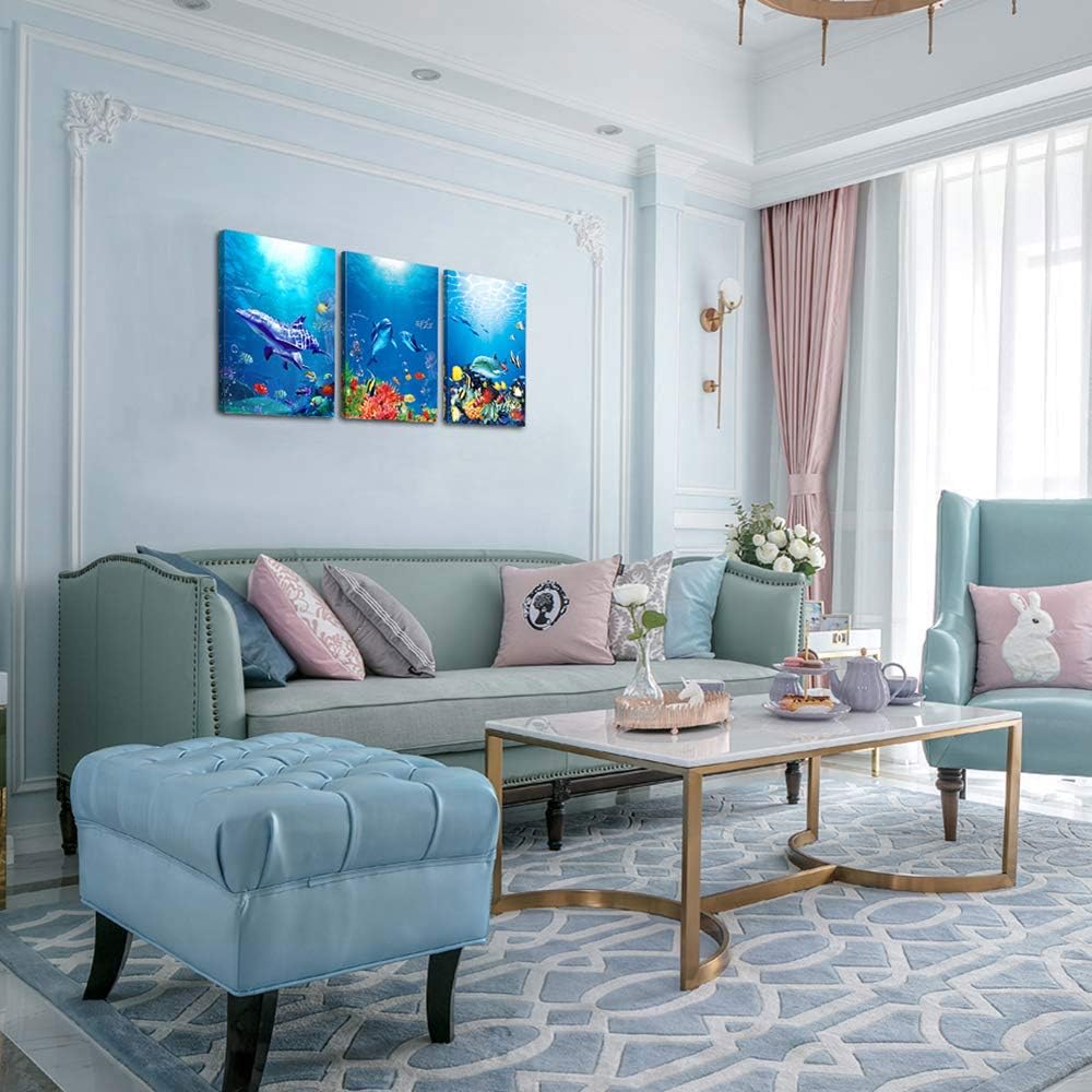 blue ocean fish 3 Pieces Framed Wall Art for Living Room Bathroom Wall Decoration Canvas Print Children's Bedroom Wall decor Office Kitchen Home Decoration Underwater World Watercolor Painting