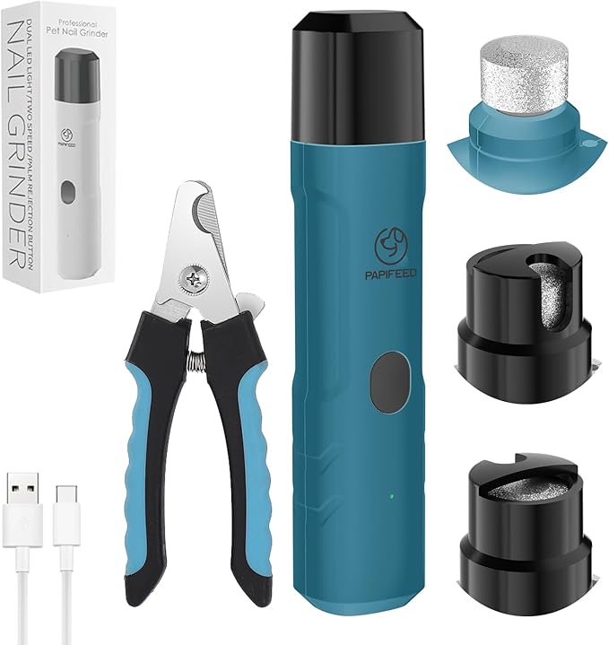 PIPAFFEED Dog Nail Grinder Upgraded with with Dog Nail Trimmers,2 LED Lights, 3-Speed Rechargeable & Quiet - Upgraded Electric Pet Nail Trimmer, Painless Paws Grooming Tool-Bule