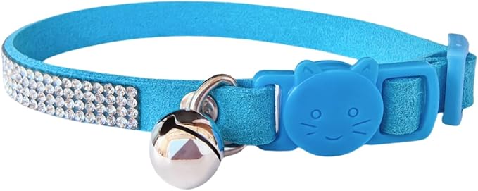 Rhinestone Cat Collar Breakaway with Bell Safety Buckle, Adjustable Diamond Girl Boy Kitty Cute Comfy Collar for Kitten Tiny Little Pets Rabbits, 6"-9" Sky Blue Extra Small