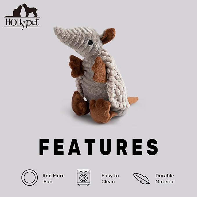 Hollypet Plush Dog Squeaky Toy Stuffed Armadillo Animal Pet Puppy Chew Toys with Clean Teeth for Small Medium Large All Breed Sizes Dogs, Light Gray, 8 in