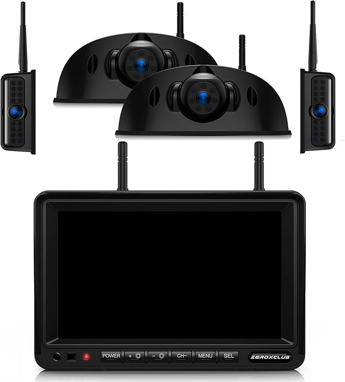 4 Cameras Wireless RV Backup System with 7-Inch Monitor, 2 Rear Sharkfin 2 Side Cameras, IR Night Vision, IP69k Waterproof Recording, Compatible with Furrion Pre-Wired RV Truck Trailer BW4