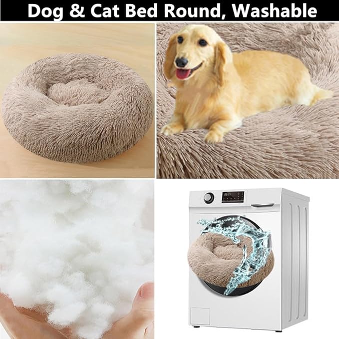 Large Calming Dog Bed, 40 Inch Anti-Anxiety Donut Dog Cuddler Cat Bed, Warming Cozy Soft Dogs Round Bed, Fluffy Faux Fur Machine Washable Pet Cushion for Medium Large Dogs & Cats (Yellow White)