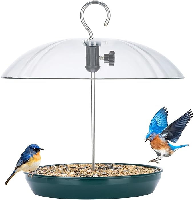 Kingsyard Adjustable Platform Bird Feeder for Outdoors Hanging, Metal Tray Bird Feeder with Dome Top, Attract Bluebirds Cardinals Goldfinches (Green)