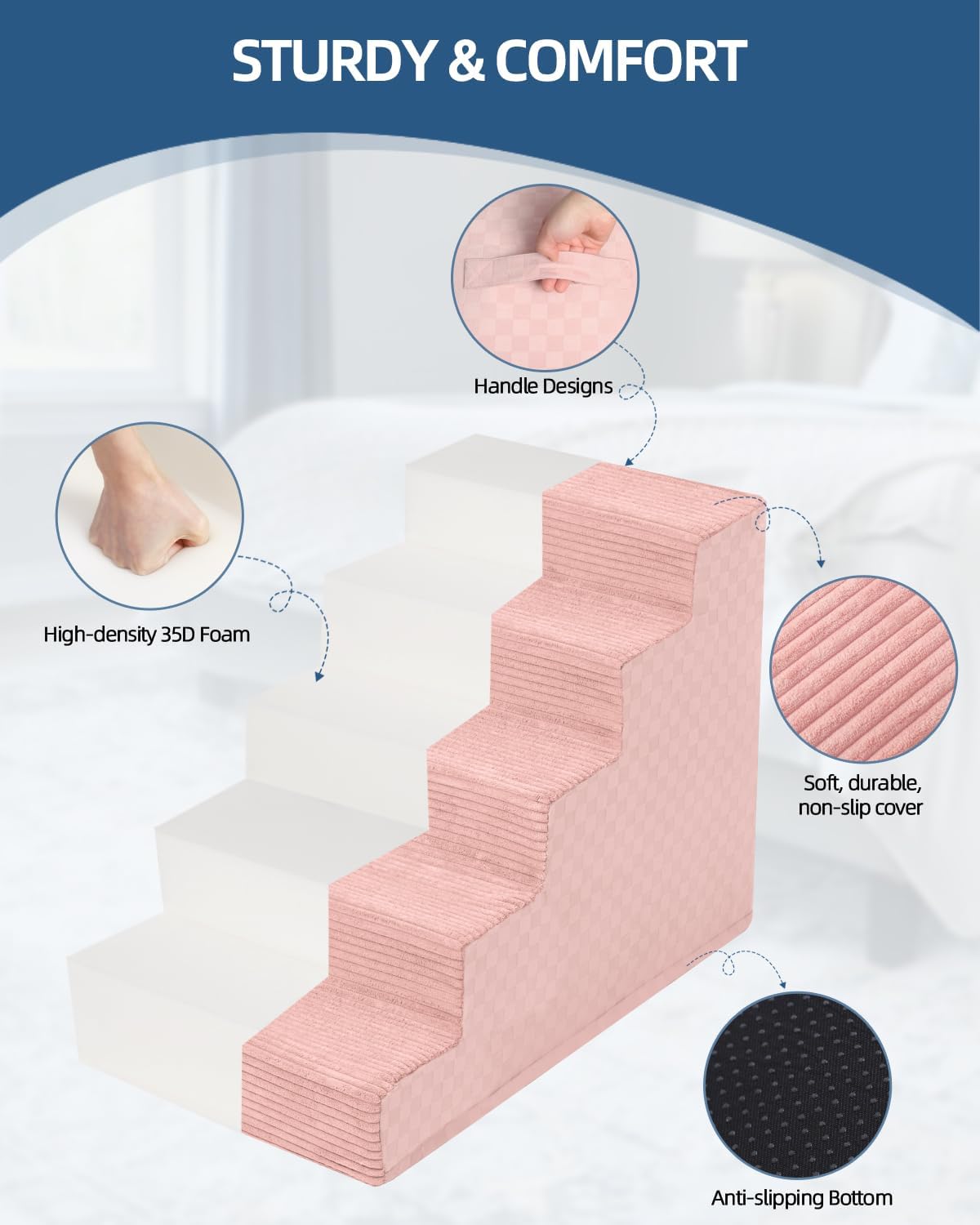 Dog Stairs for Small Dogs,22" H,5-Step Dog Steps for Bed and Couch with High Density Foam,Non-Slip Pet Steps for Doggy and Cat,Pet Stairs with a Washable Cover,Pink