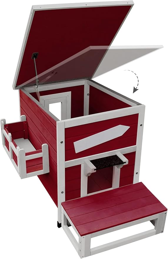 Rockever Outdoor Cat House, Large Outdoor Houses for Feral Cats Wooden Outside Cat Shelter Weatherproof with Escape Door-Red