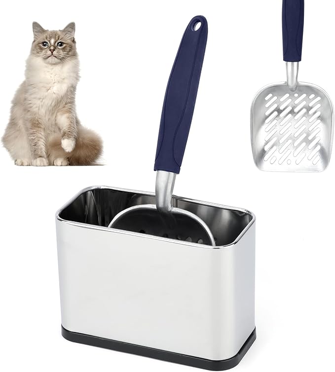 Heavy-Duty Cat Litter Scoop with Holder,Metal Cat Scooper Holder Trash Container,Aluminum Kitty Poop Sifting Shovel Captures All Clumps,Speed Sifter Litter Box Scooper with Cats Caddy(Blue)