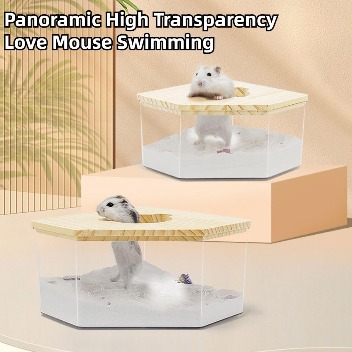 Hamster Sand Bath Box Container, Small Pet Sandbox Lid Design Take Bath Wooden Sandbox Dust Bath, Transparent Bathroom & Digging Box Acrylic Syrian Hamster Litter Box Small Animal Accessories (C)