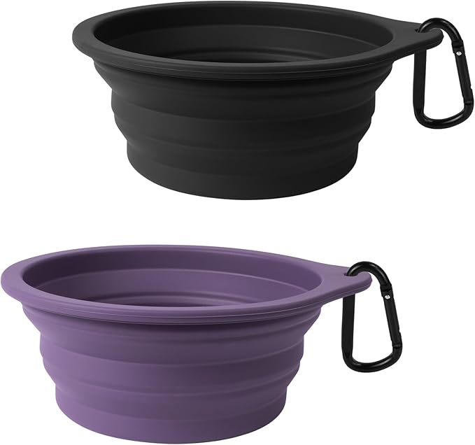 PetBonus 2-Pack Silicone Collapsible Dog Bowls, BPA Free Dishwasher Safe, Portable Foldable Expandable Travel Bowl, Food Water Feeding Cup Dish for Dogs Cats with 2 Carabiners (Black, Dark Purple)