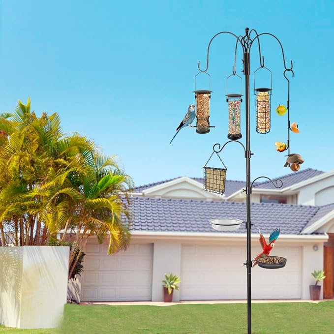 Bird Feeder Station with Suet Cage & Water Bowl Fruit Hook- Adjustable Pole, 6 Hanging Hooks for Wild Birds, Outdoor Garden Bird Feeding Kit