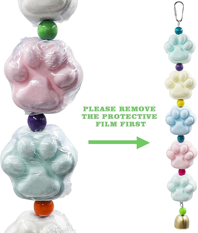 Mineral Chew Toy, Paw Shape Colorful Beaded Bird Toys with Bells | Beak Grinding & Foraging Enrichment for African Grey, Amazon Parrots, Budgies, Cockatiels, Conures